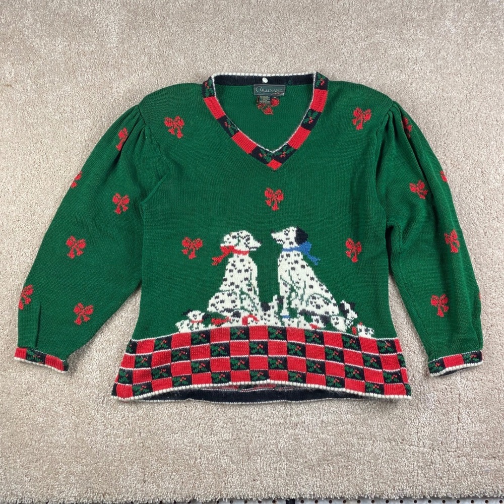 Vintage Cullinane Green Dalmatian Dog Christmas Sweater Angora Blend Womens M